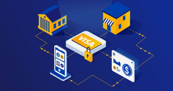 Illustration of a digital payment network linking a bank, store, smartphone, and financial chart to a central VISA card icon with a security lock symbol.