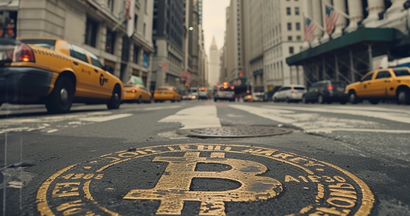 A gold Bitcoin symbol is painted on a city street crosswalk, with yellow taxis and tall buildings in the background.