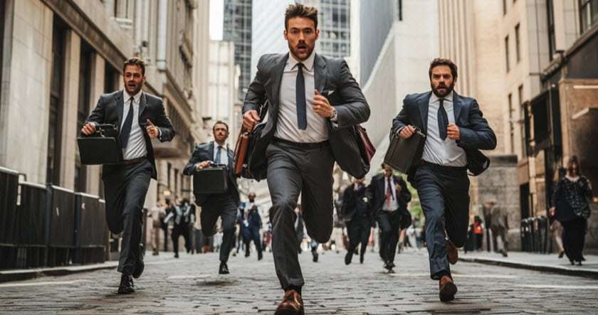 Several men in business suits and carrying briefcases are running down a city street, surrounded by tall office buildings.