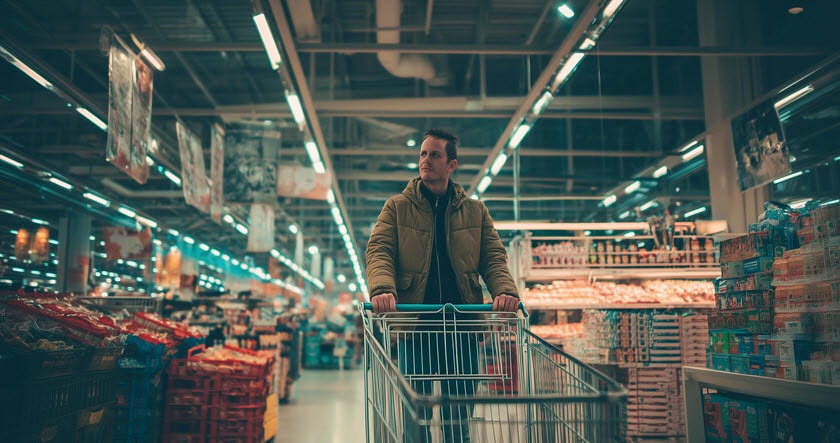 A person pushes a shopping cart down an aisle in a brightly lit supermarket, surrounded by shelves stocked with various products.