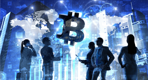 Silhouetted businesspeople stand in front of digital screens and graphs with a large Bitcoin symbol and city buildings in the background.