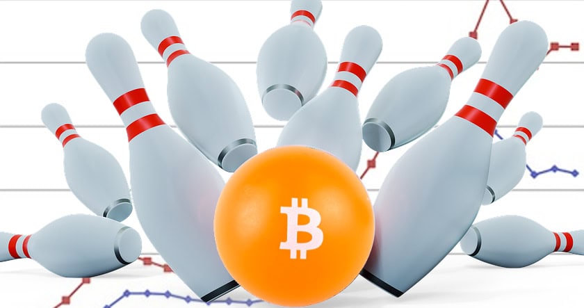 An orange bowling ball with a Bitcoin symbol knocks over pins, with financial graphs in the background.