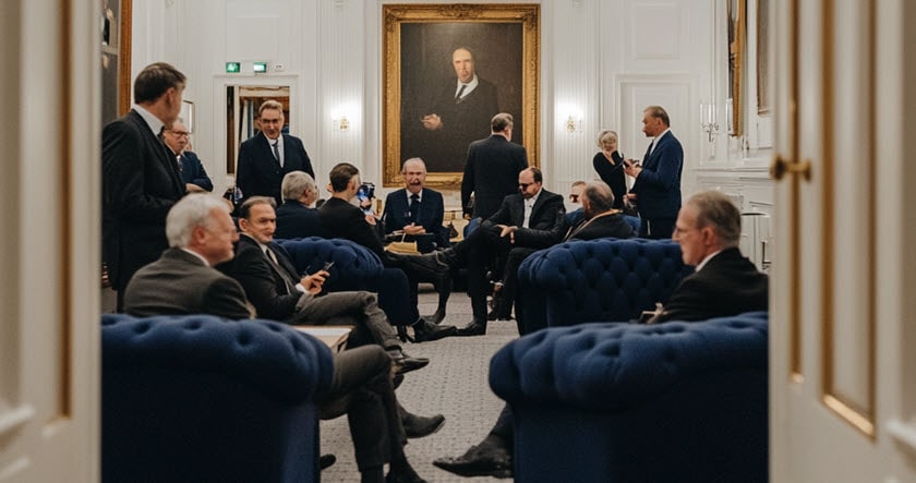 A group of formally dressed people converse and sit on blue sofas in an elegant room with a large portrait on the wall.