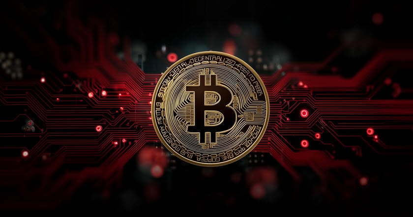 A gold Bitcoin coin is centered against a dark background with red and black digital circuit patterns.