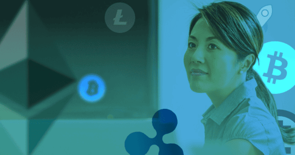 A woman looks to the side with various cryptocurrency icons, including Bitcoin, Ethereum, and Ripple, digitally overlaid in the background.