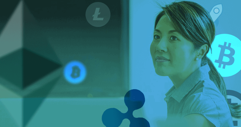 A woman looks to the side with various cryptocurrency icons, including Bitcoin, Ethereum, and Ripple, digitally overlaid in the background.
