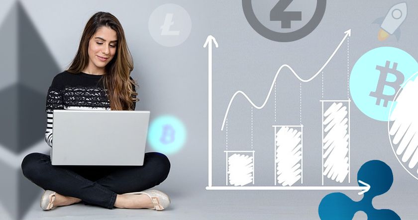 Woman sitting cross-legged with a laptop, next to illustrated cryptocurrency symbols and a rising bar graph on a gray background.