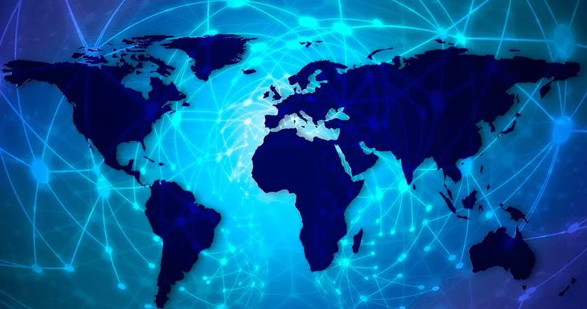 A digital illustration of a world map with blue network lines and nodes connecting different regions, representing global connectivity and communication.