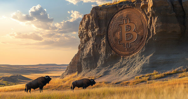 Two bison stand in a grassy plain near a large rock face engraved with a Bitcoin symbol under a partly cloudy sky at sunset.