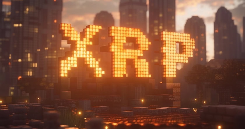 Large illuminated letters spelling "XRP" are displayed in a blocky, pixelated style against a city skyline at dusk.