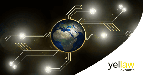 A digital illustration of Earth connected by glowing circuit lines, with the 