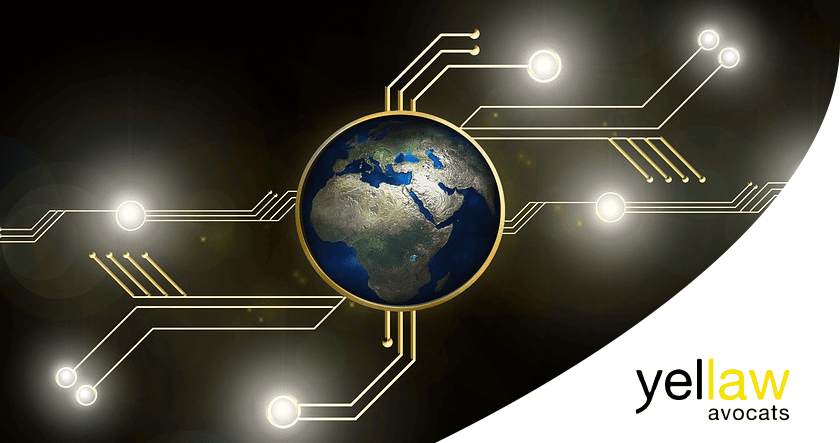 A digital illustration of Earth connected by glowing circuit lines, with the "yellaw avocats" logo in the bottom right corner.